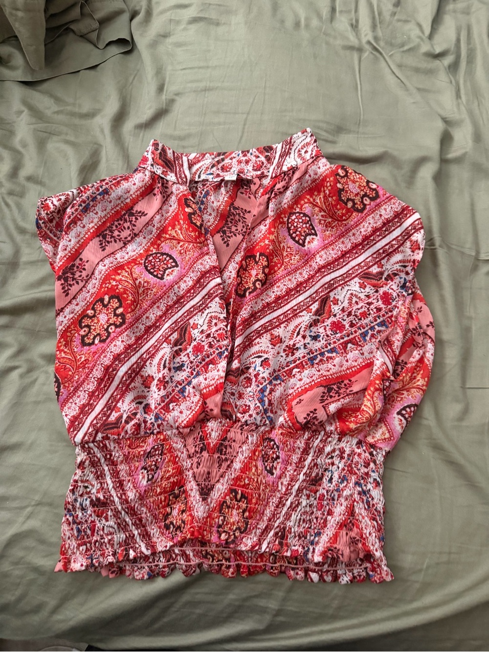Women’s Pink Red Paisley Smocked Waist Blouse